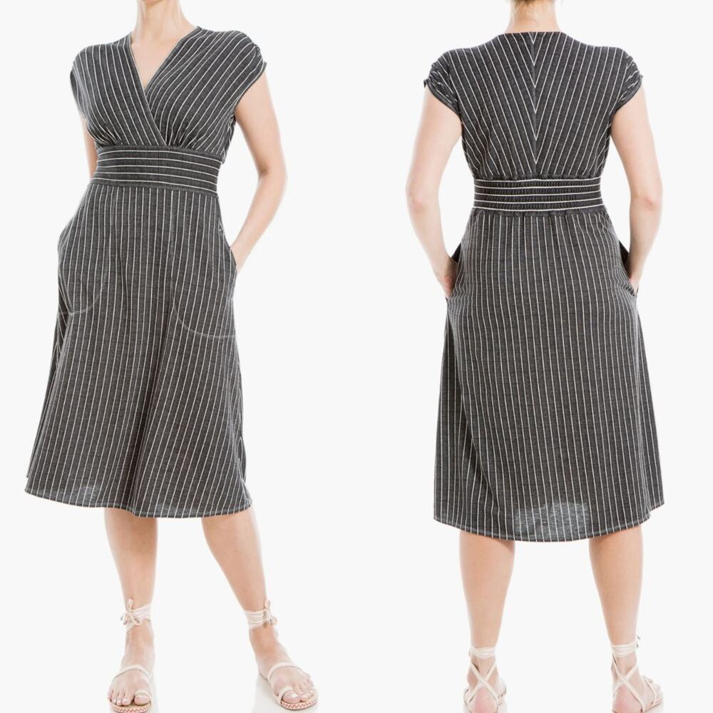 Max Studio Stripe Surplice Neck Midi Dress V-Neck Pockets Preppy Nautical XS